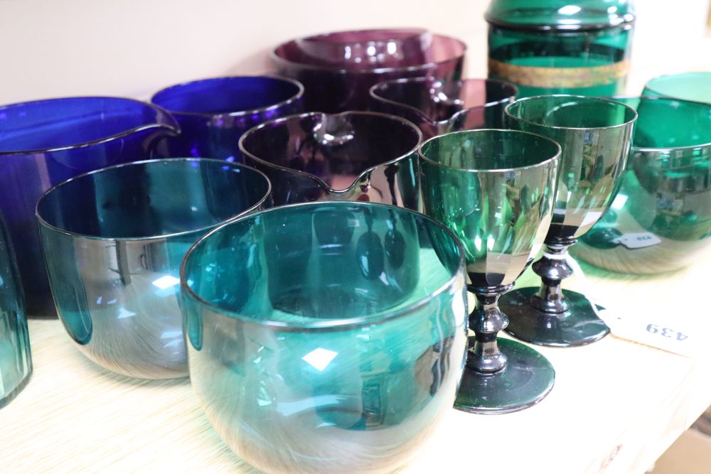 A collection of Bristol blue, green and amethyst rinsers, glasses etc.